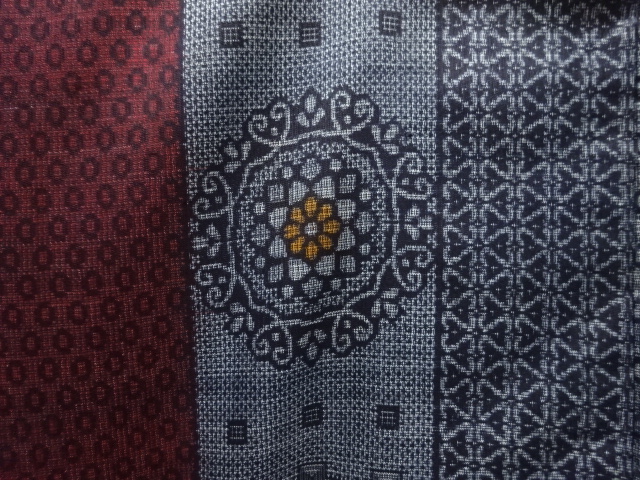 JAPANESE ANTIQUE KIMONO / SILK / OSHIMA TSUMUGI / DOROZOME / WOVEN STRIPE & FLORAL CREST